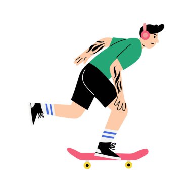 Genç, beyaz, dövmeli, kaykaylı ve kulaklıkla müzik dinleyen bir erkek. Düz dizaynda elle çizilmiş izole vektör çizimi