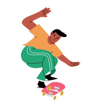 Siyah erkek kaykaycı, uzun kaykayla atlama numarası yapıyor. El çizimi izole vektör çizimi