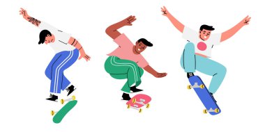 Üç farklı erkek kaykay üzerinde numaralar yapıyor. Uzun tahtanın üzerinde. El çizimi izole vektör çizimi