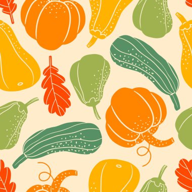 Farklı balkabaklarıyla el çizimi vektörsüz desen, linocut tasarımında sonbahar hasadı.