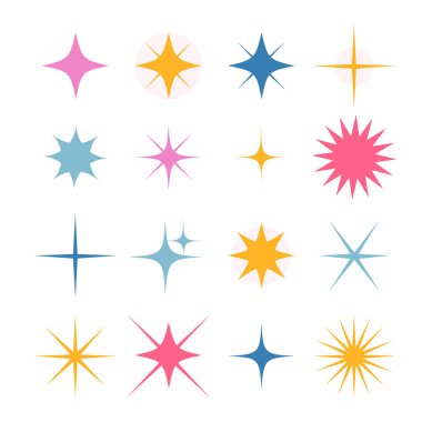 16 farklı renkte yıldız ve ışıltıyla donatılmış. El çizimi izole vektör çizimleri