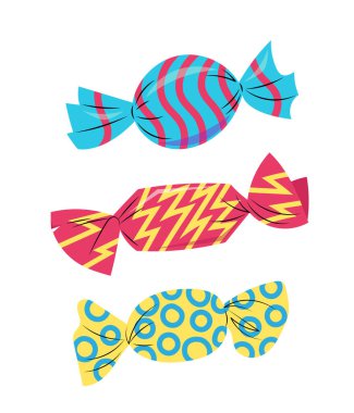 Paket kağıdında üç renkli şeker, düz tasarımda el çizimi vektör çizimi, beyaz arka planda izole