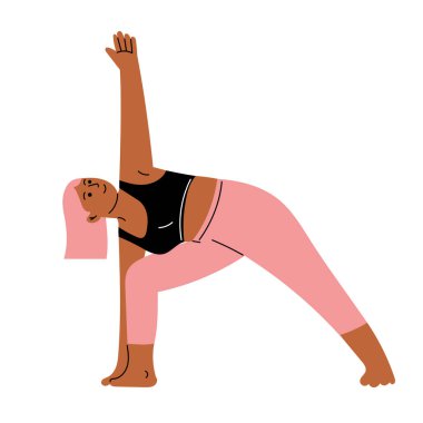 Pembe saçlı, yoga yapan, esneme pozisyonunda duran sevimli siyahi kadın. El çizimi izole vektör çizimi.