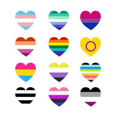 12 farklı kalp şekli, gay ve cinsiyet akışkan bayraklar. Beyaz vektör çizimlerinde el izole edilmiş