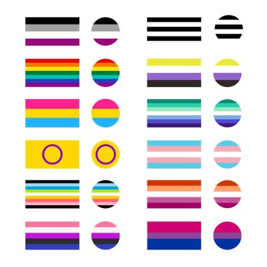 Dikdörtgen ve yuvarlak şekilli çıkartmalar ve rozetlerde 12 farklı cinsiyet ve oryantasyon bayrağı. El çizimi izole vektör çizimi.