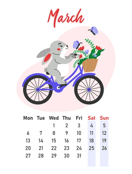 Calendário Março 2023 Lebre Anda Bicicleta Ilustração Vetorial Plana —  Vetores de Stock