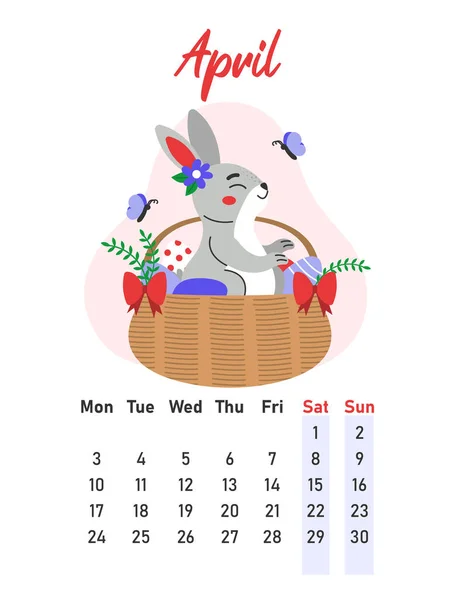 Kalendarz Kwietnia 2023 Zając Siedzi Wiklinowym Koszu Jajkami Wielkanocnymi Ilustracja — Wektor stockowy