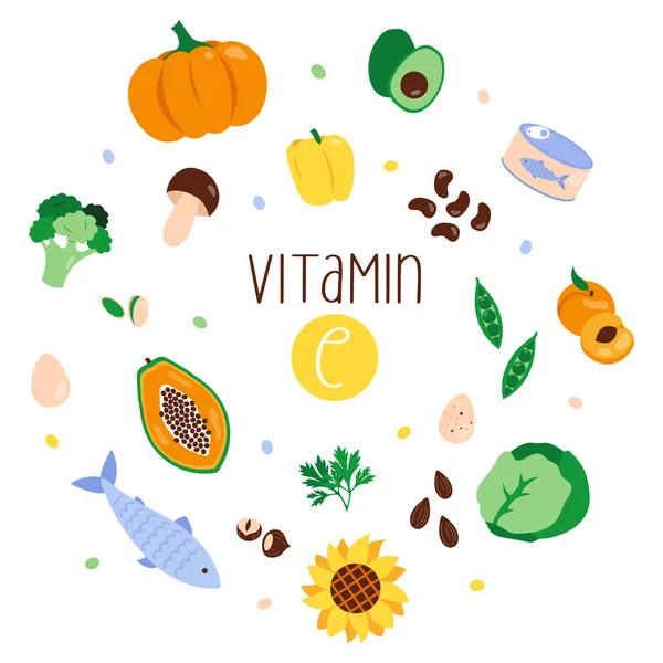 Συλλογή Πηγών Βιταμίνης Ισορροπημένο Υγιεινό Φαγητό Επίπεδη Διανυσματική Απεικόνιση — Διανυσματικό Αρχείο