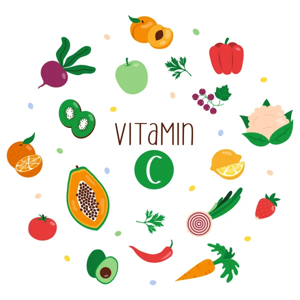 Sbírka Zdrojů Vitaminu Ovoce Zelenina Obohacené Kyselinou Askorbovou Plochá Vektorová — Stockový vektor