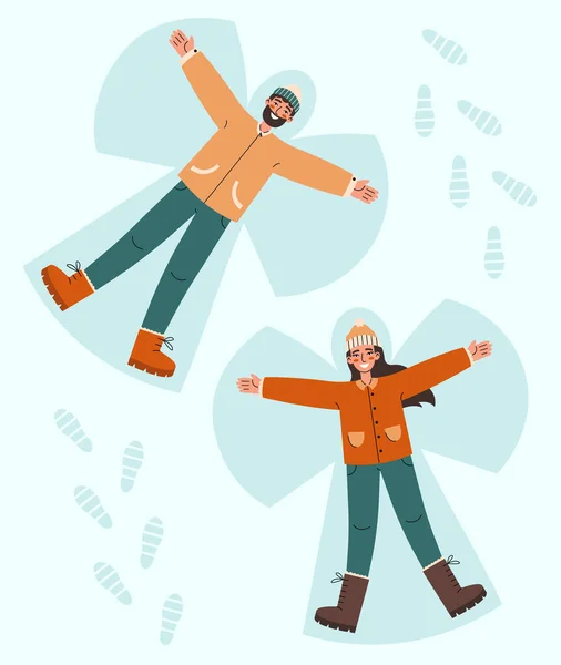 Young Couple Lying Snow Back Moving Arms Legs Smiling Man — Stock Vector