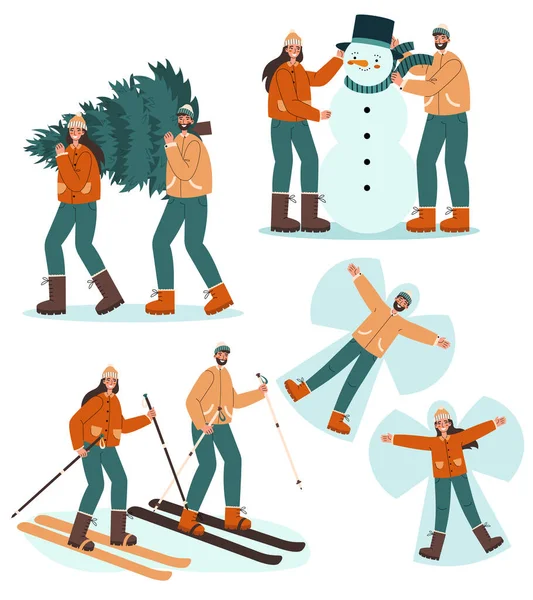 Young Couple Engaged Winter Activities Smiling Man Woman Skiing Carrying — Stock Vector