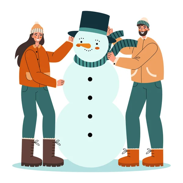 Happy Couple Warm Clothes Making Snowman Together Flat Vector Illustration — Stock Vector