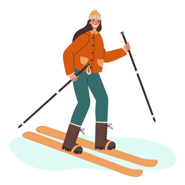 快乐的女人滑雪 穿着保暖衣服的年轻妇女正在参加冬季运动 平面矢量图解 — 图库矢量图片
