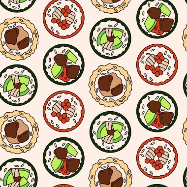 Seamless pattern with various sushi on light background