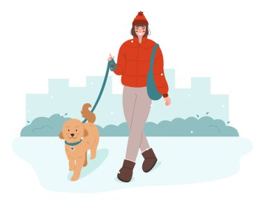 Young woman walking with dog. Pet owner strolling with his dog on leash. Walk Your Dog Month concept