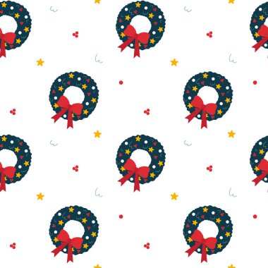 Seamless christmas pattern with christmas wreath, stars and berries on white background