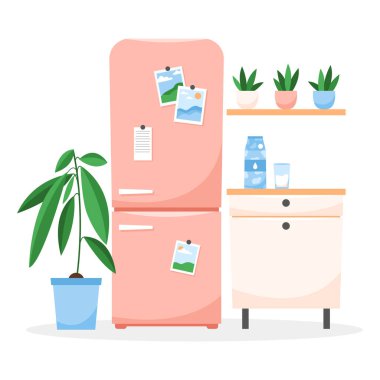 Modern kitchen interior with furniture, refrigerator and plants in pots. Flat vector illustration isolated on white background
