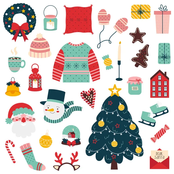 Christmas Elements Set Christmas Tree Wreath Santa Claus Candys Warm — Stok Vektör