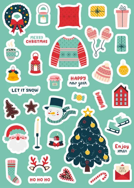 Christmas Sticker Set Christmas Tree Wreath Santa Claus Candys Warm — Stock Vector