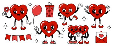 Eski karikatür tarzında Hearts karakterleri. Sevgililer Günü konsepti. Beyaz arkaplanda düz vektör çizimleri