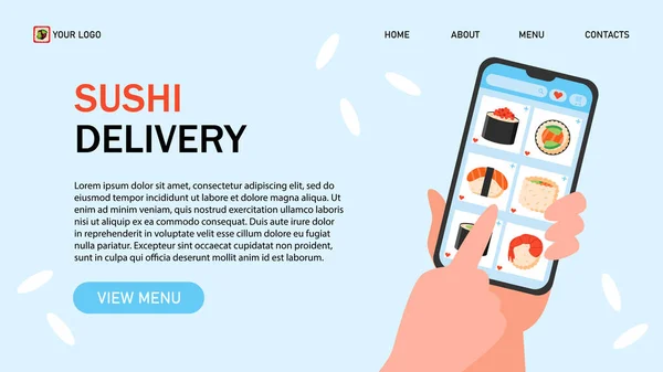 Pesan Sushi Online Tangan Memegang Smartphone Dan Memilih Sushi Restoran - Stok Vektor