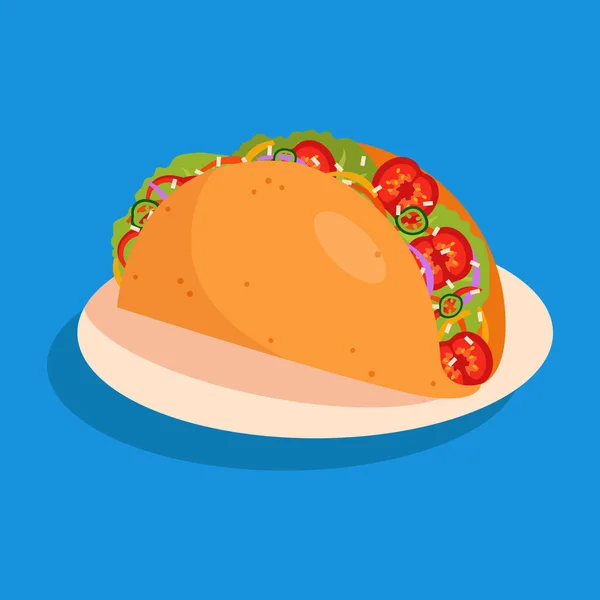 Etli Taco Domates Soğanlı Mavi Arka Planda Geleneksel Meksika Yemekleri — Stok Vektör