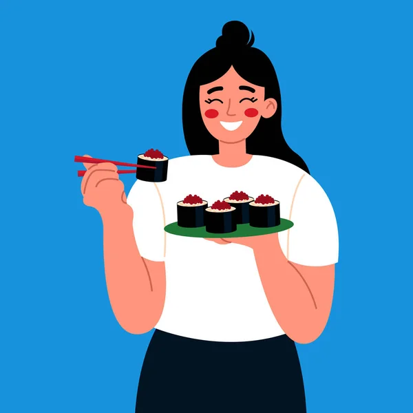Jeune Femme Mangeant Des Sushis Avec Des Baguettes Isolées Sur — Image vectorielle