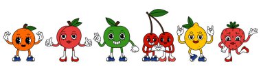 Eski moda çizgi film tarzında bir dizi komik meyve karakteri. Kiraz, şeftali, çilek, portakal, elma ve limon örnekleme