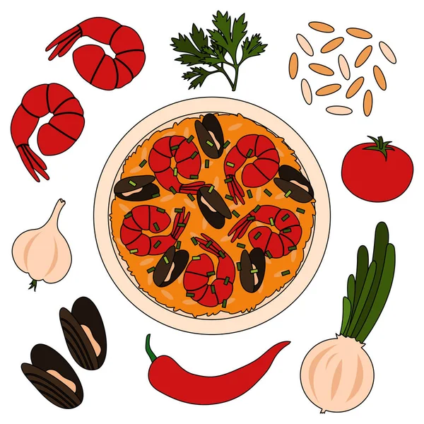 Paella Recept Met Ingrediënten Garnalen Rijst Mosselen Knoflook Tomaat Chili — Stockvector