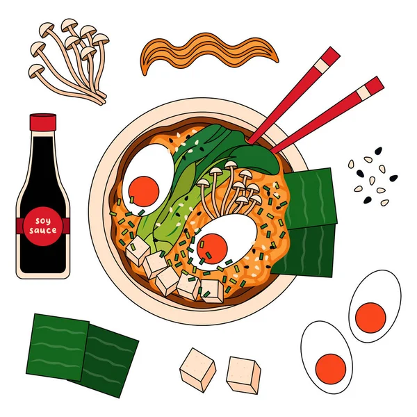 Japanese Soup Ramen Recipe Ingredients Noodles Greens Eggs Tofu Nori — Stock Vector