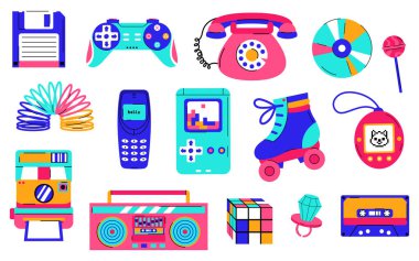 80 'lerden ve 90' lardan kalma modern düz stil ve çizgi tarzında renkli retro pop kültürü ürünleri. El çizimi y2k vektör çizimi beyaz arkaplanda izole edildi