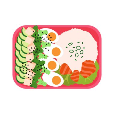 Pirinç, yumurta, somon, salatalık, brokoli ve tofu ile Bento. Japon yemeği.