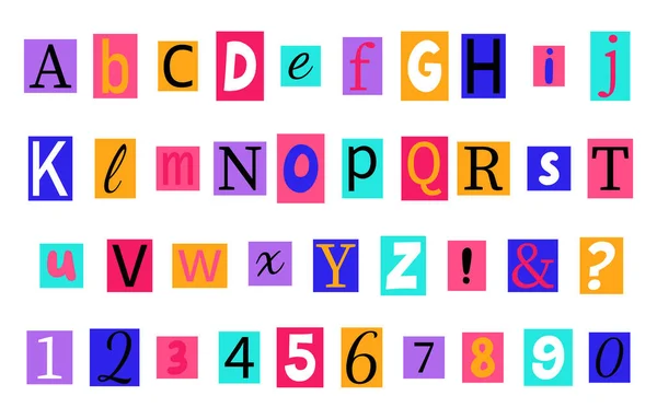 Alfabeto Stile Y2K Anni Lettere Colorate Anonime Tagliate Riviste — Vettoriale Stock