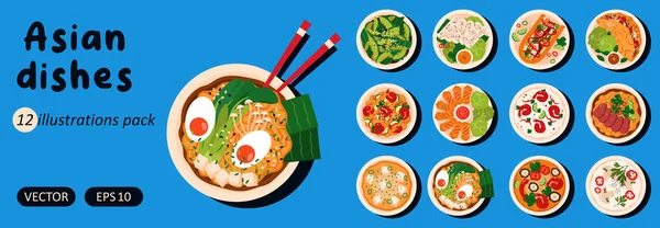 Siapkan Hidangan Asia Masakan Vietnam Jepang Thailand Dan Cina Berbagai - Stok Vektor