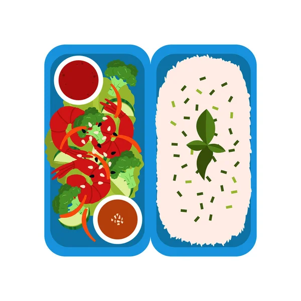 Bento Avec Riz Salade Crevettes Sauces Plat Emporter Japonais — Image vectorielle