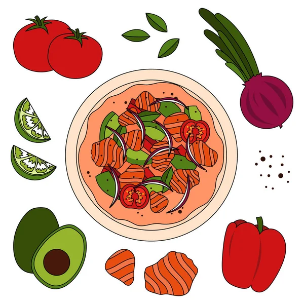 Recette Ceviche Avec Ingrédients Saumon Tomate Poivre Avocat Oignon Violet — Image vectorielle