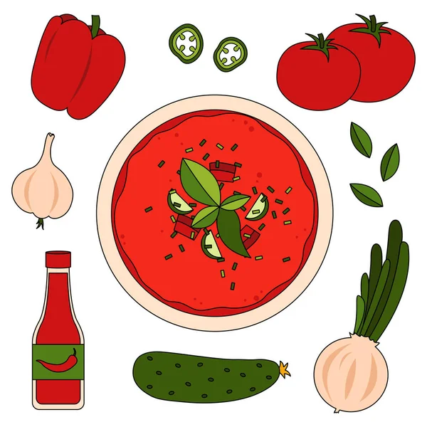 Gazpacho Recept Met Ingrediënten Tomaten Peper Knoflook Komkommer Tomatensaus — Stockvector