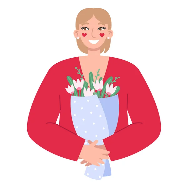 Mujer Rubia Joven Con Ramo Flores Día San Valentín Concepto — Vector de stock