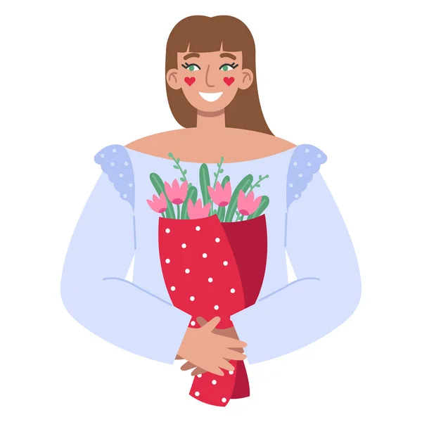 Junge Frau Mit Einem Blumenstrauß Valentinstag Oder Internationaler Frauentag — Stockvektor