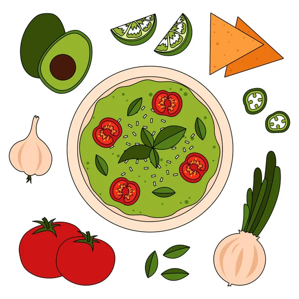 Guacamole Recept Met Ingrediënten Tomaten Avocado Knoflook Limoen Nachos — Stockvector