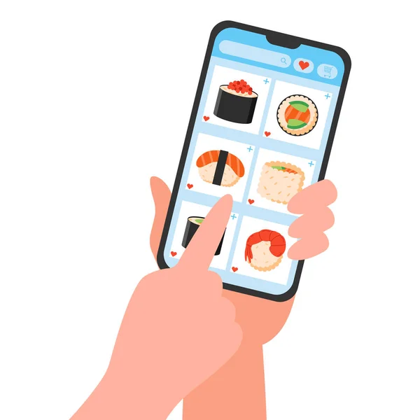 Παραγγείλετε Σούσι Online Χέρια Κρατώντας Smartphone Ασιατική Ιστοσελίδα Εστιατόριο — Διανυσματικό Αρχείο