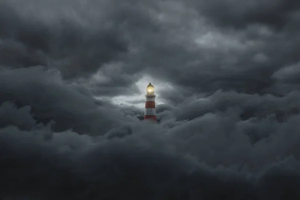 Візуалізація Освітленого Маяка Над Пухнастими Темними Хмарами — стокове фото