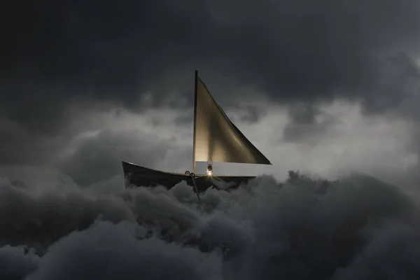 Рендеринг Брошенной Деревянной Лодки Размахиванием Холстом Над Пушистыми Серыми Облаками — стоковое фото