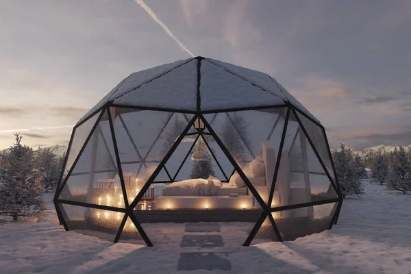Візуалізація Геодезичної Купольної Хатини Скляними Панелями Зимовий Вечір — стокове фото