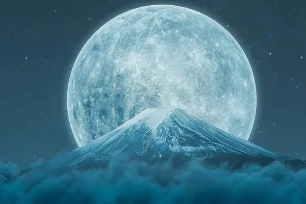 Renderização Mar Nuvens Frente Montanha Fuji Lua Cheia Noite — Fotografia de Stock