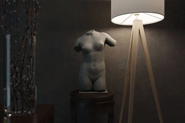 3D rendering of beatiful female torso sculpture on wooden chair