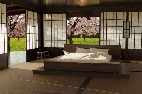 Rendering Cozy Traditional Japanese Bedroom Front Blooming Garden Japanese Cherry — ストック写真