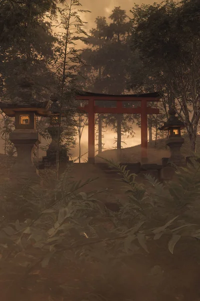 夜光の鳥居と石灯籠のある古い日本の神社の3Dレンダリング ストック画像
