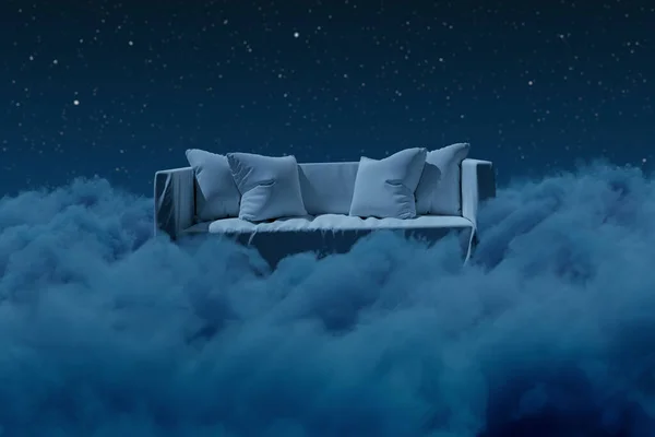 3Dレンダリング夜にふわふわの雲の上に居心地の良いソファ ロイヤリティフリーのストック画像