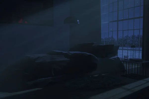 Візуалізація Просторої Спальні Затишним Низьким Ліжком Освітленим Світловими Променями Вночі Стокова Картинка